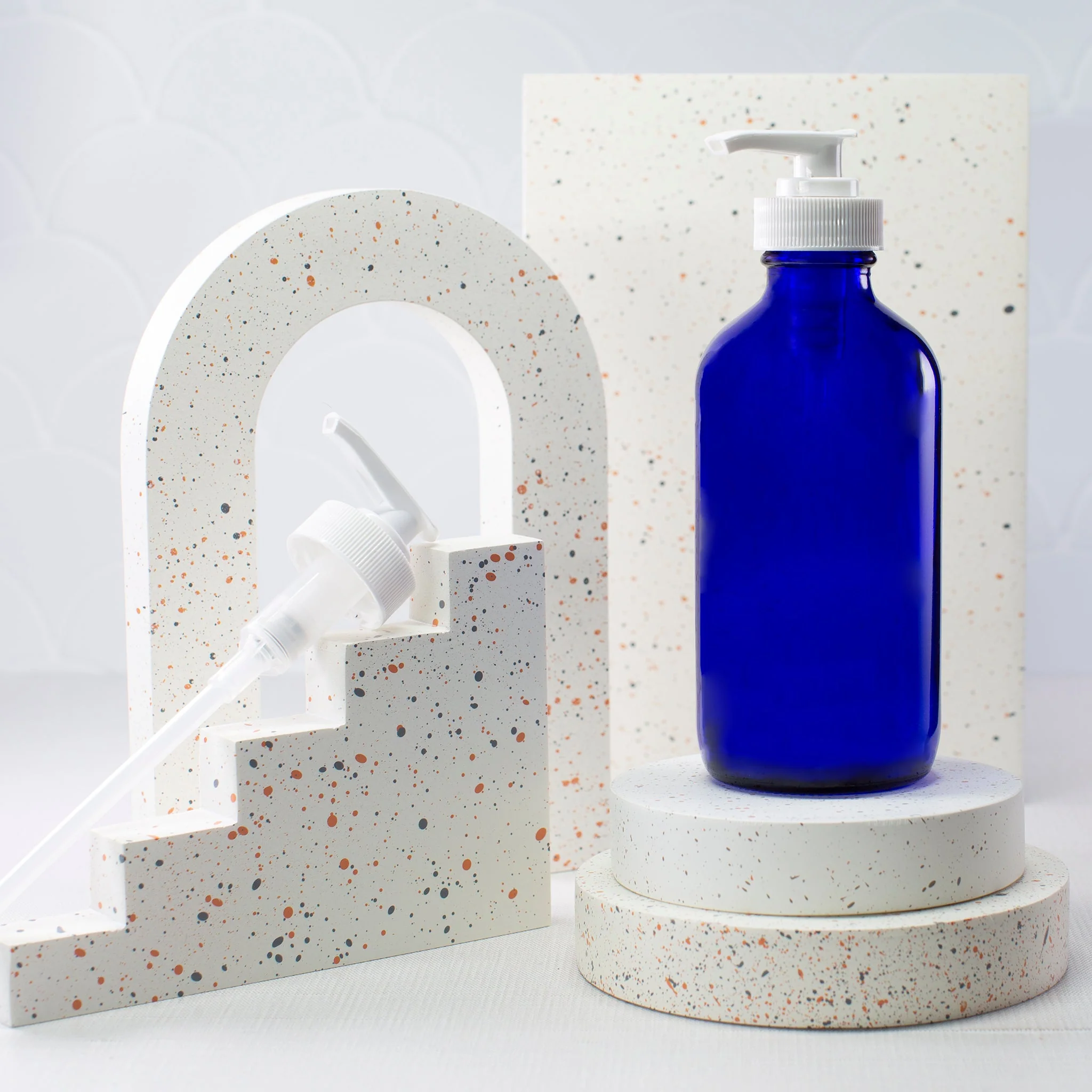 16 oz Blue Glass Boston Round Bottle with 28-400 Neck - Image 4