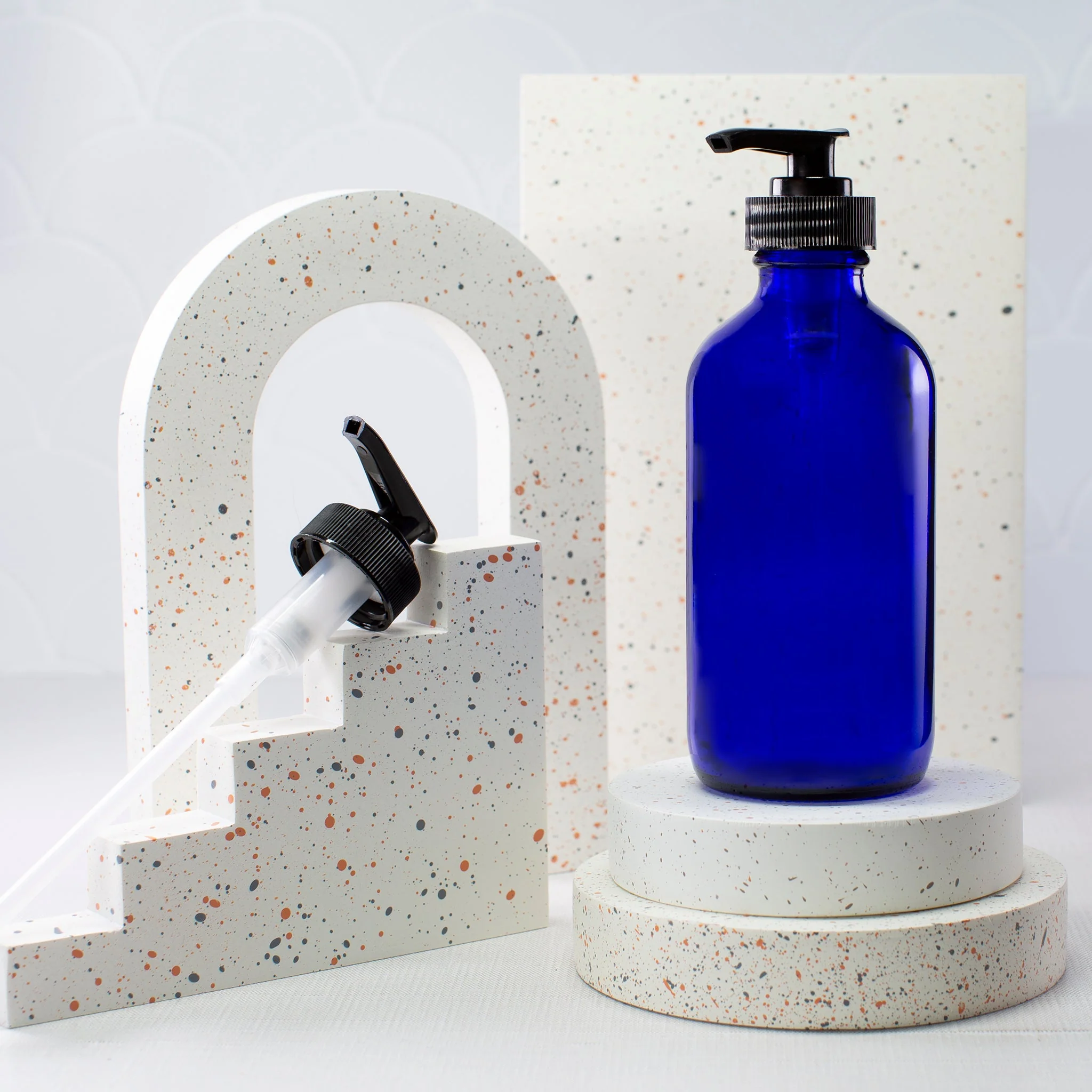 16 oz Blue Glass Boston Round Bottle with 28-400 Neck - Image 5