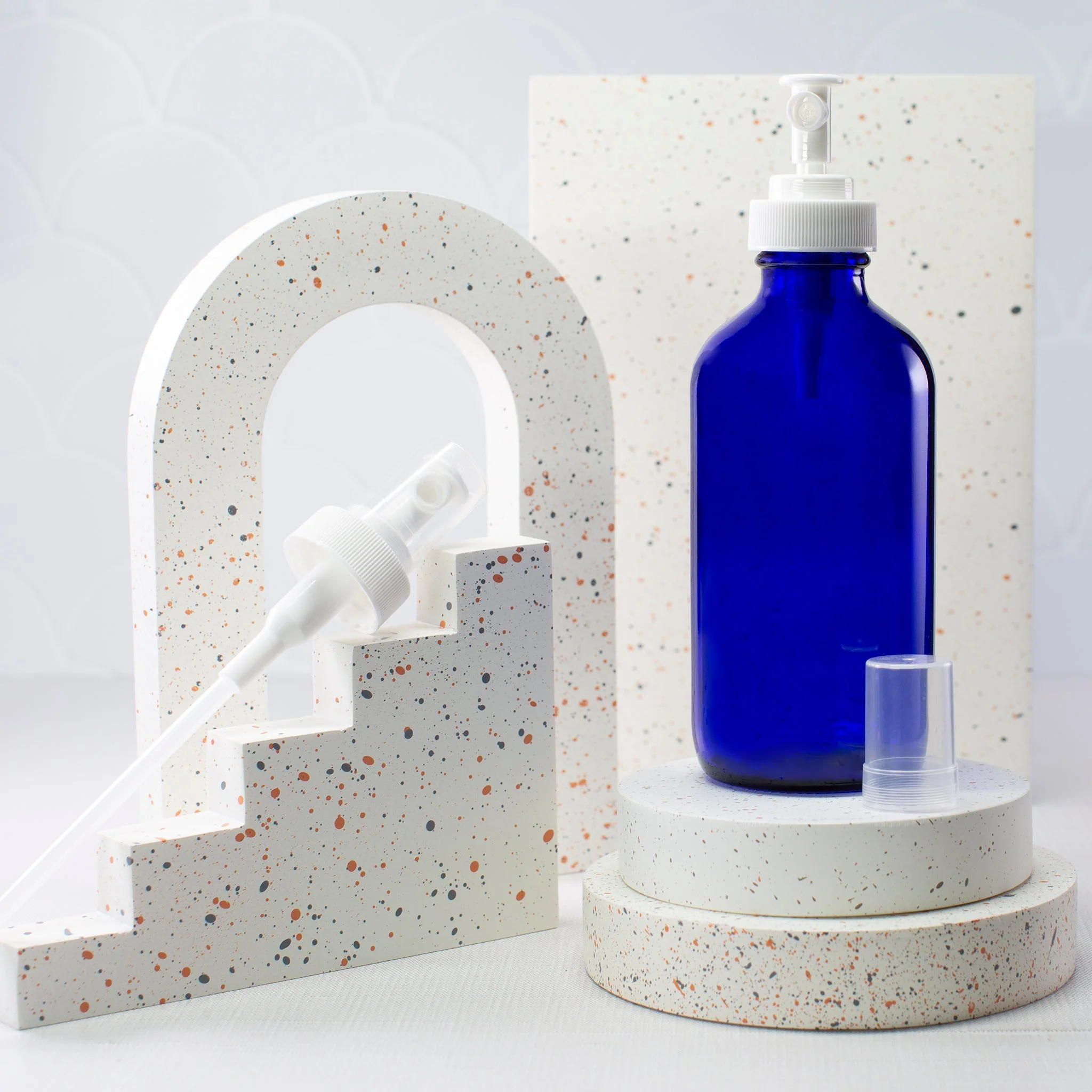 16 oz Blue Glass Boston Round Bottle with 28-400 Neck - Image 7